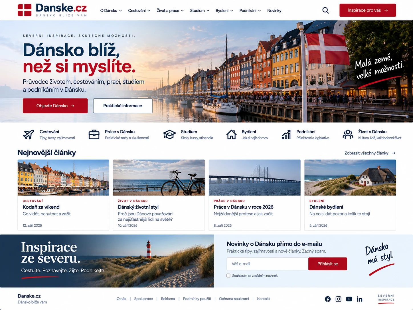 Ilustrační návrh webu Danske.cz s informacemi o cestování, práci, studiu, bydlení a podnikání v Dánsku
